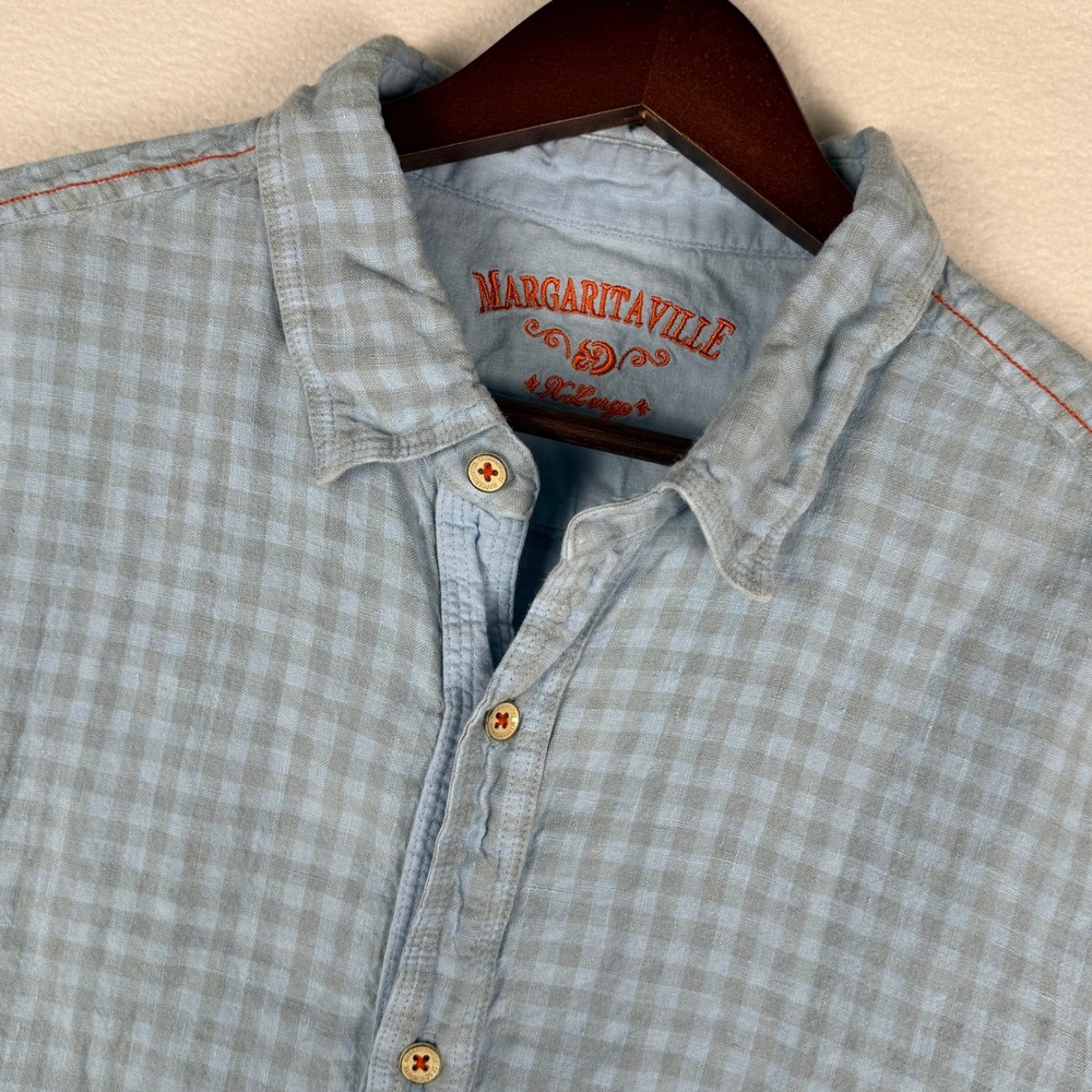Margaritaville 100% Linen Shirt Mens XL Gingham Plaid Short Sleeve Button Up